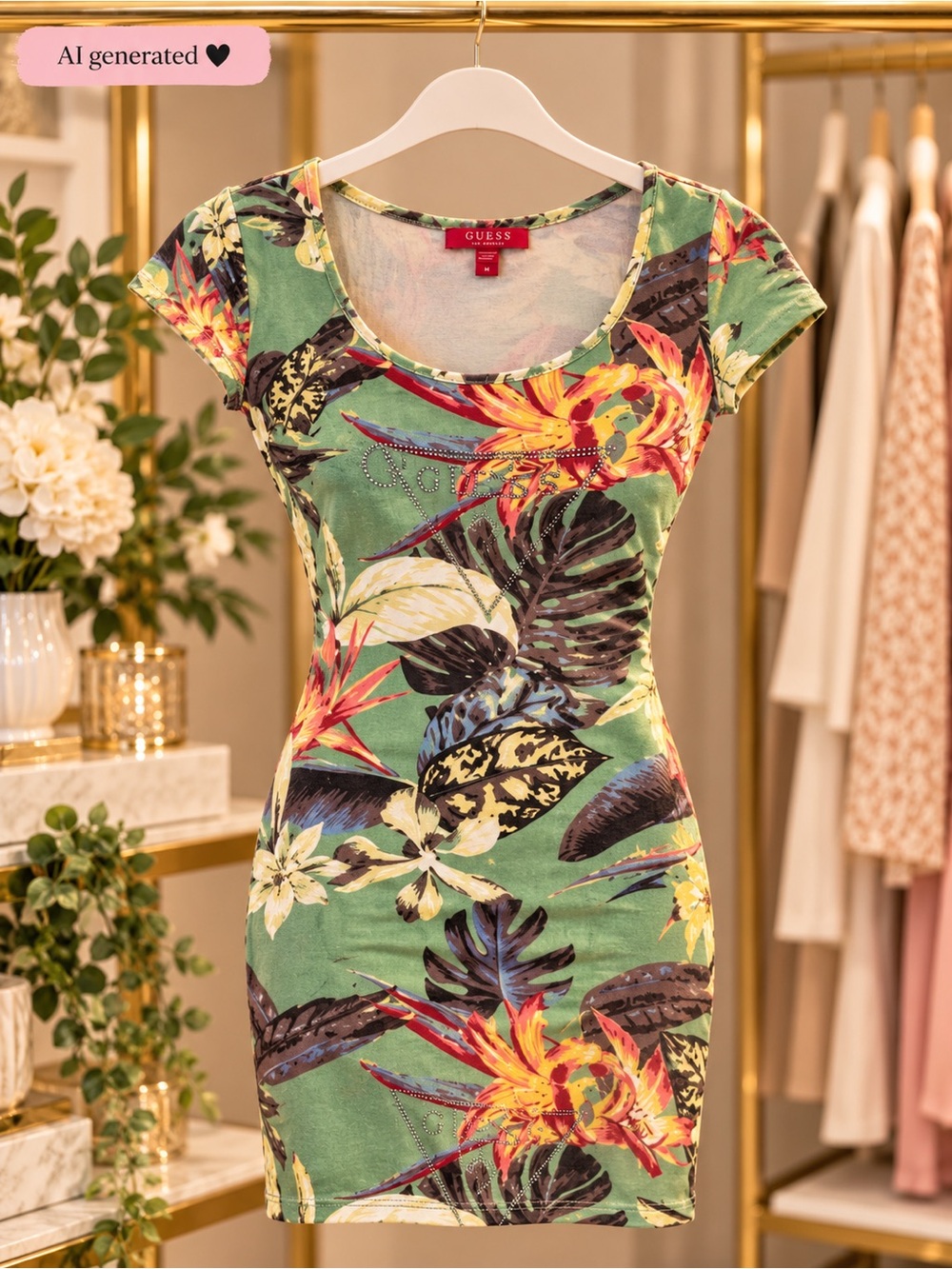 GUESS Green Tropical Floral Print Mini Dress Size M